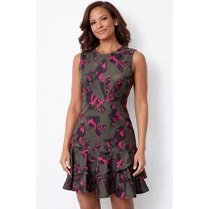 Banana Republic Olive Pink Jacquard Drop Waist Ruffle Dress Camo Print Sz 2